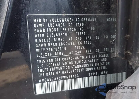 2015 Volkswagen Tiguan S from USA, damaged, VIN WVGAV7AX2FW593453